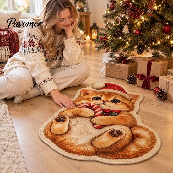 Kitchen Sink Rug Christmas Cat Shaped Rug, Plush Sleeping Absorbent Bathroom Mat, Xmas Lovers Gift Hat Kitty Non-slip Washable Area for Bedroom,