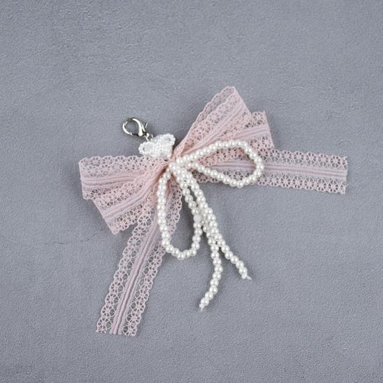 Lace Bow Shoe Charm for Sneakers Faux Pearls Beaded Bowknot Removable Bow Charm Accessory for Women Girls Shoes Bags Keychains