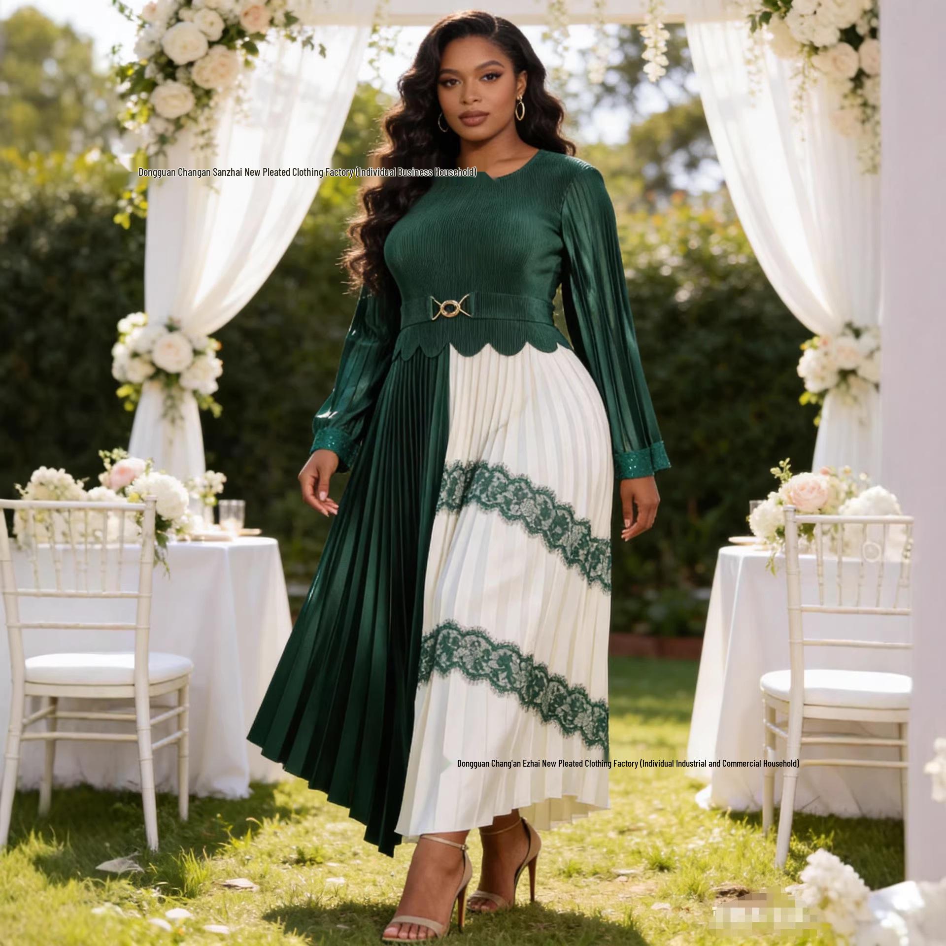 

Miyake Pleats Color Block Plus Size Dress - Elegant Long Sleeve African Skirt for Women One Size (80/160 kg) темно-зеленого