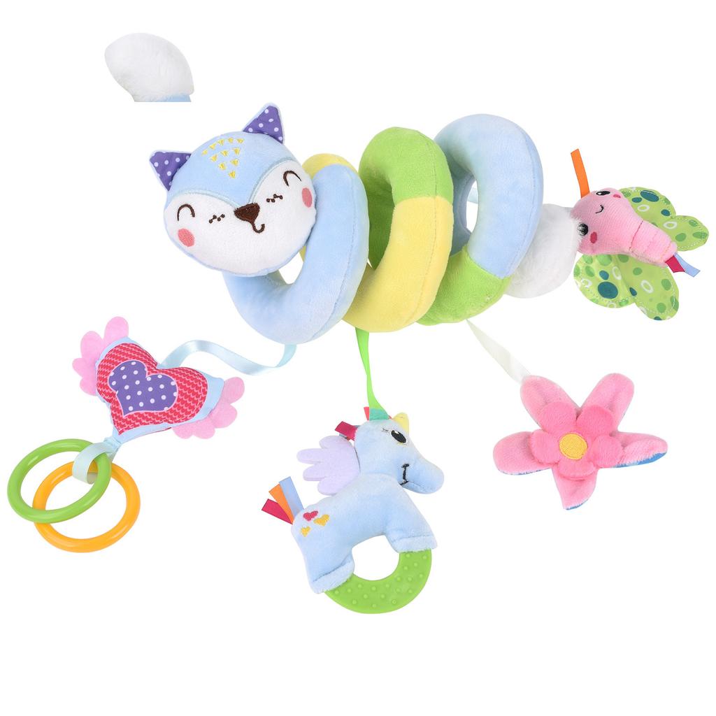 Baby Car Seat Toys 3-6 Months Stroller Toys Infant Fox Spiral Hanging Plush with Music Box BB Squeaker and Rattles Activity Gift