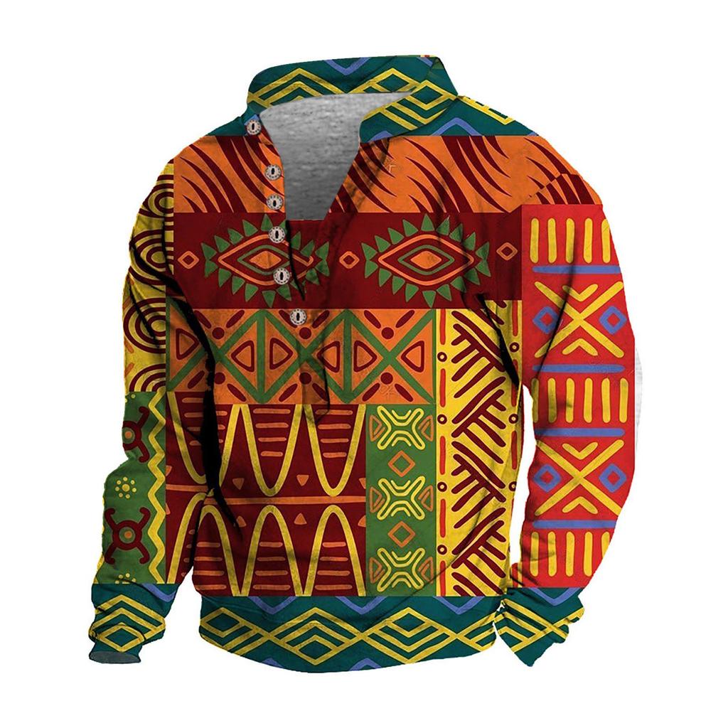 Pullover mit V-Ausschnitt für Herren, 3D-Digitaldruck, Stehkragen, 6 Knöpfe, Vintage-Kragen