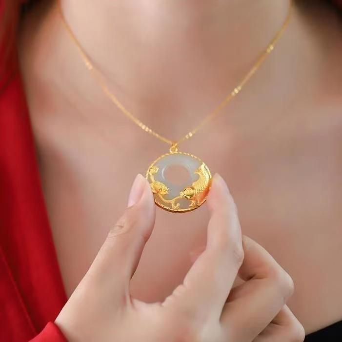 Versatile Gold Lotus Fish Pendant with White Jade O-shaped Chain Necklace for Women