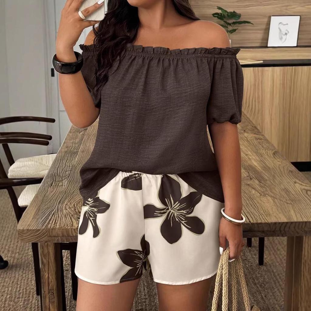 2026 European & American Cross-Border Summer Women's One-Shoulder Short Sleeve Shorts Set