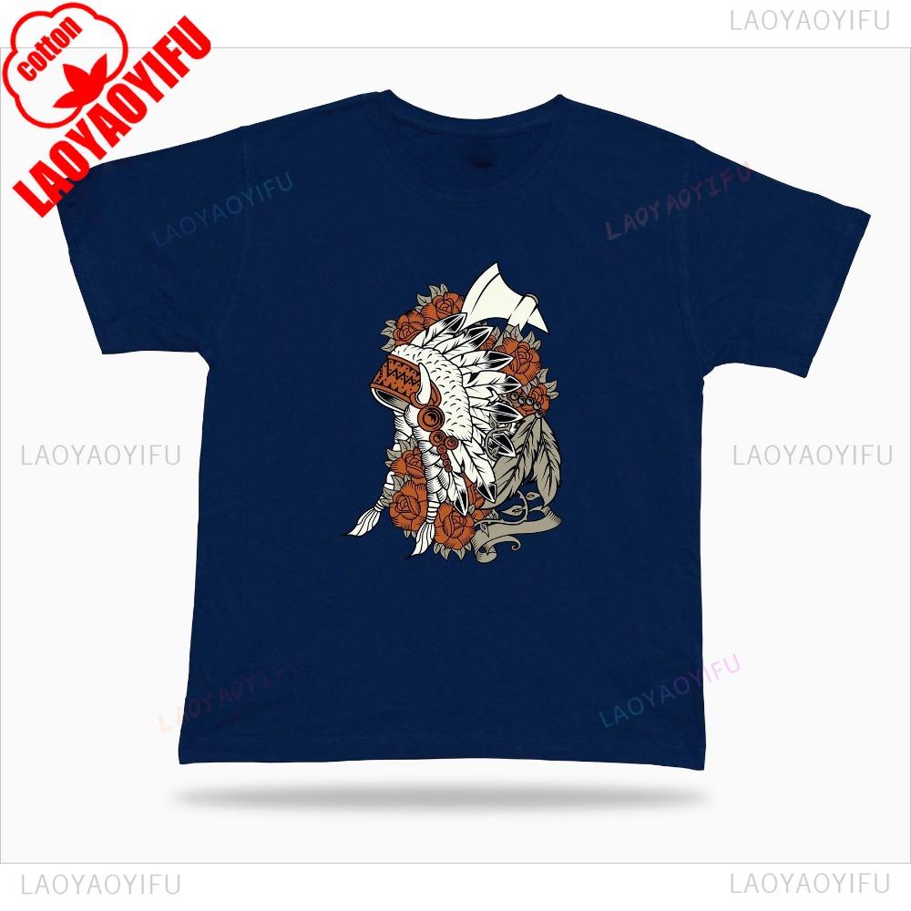 Indian Feathers Floral Axe T Shirt Modern Cool Design Unisex Tee Indigenous Culture Tshirt Men Crewneck Cotton Short Sleeve