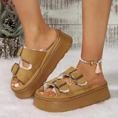 Fur Slippers Women British Style Rome Shoe Comfy Soft Winter Ladies Home Shoe Metal Buckle Casual Slipper Platform Fluffy Slides