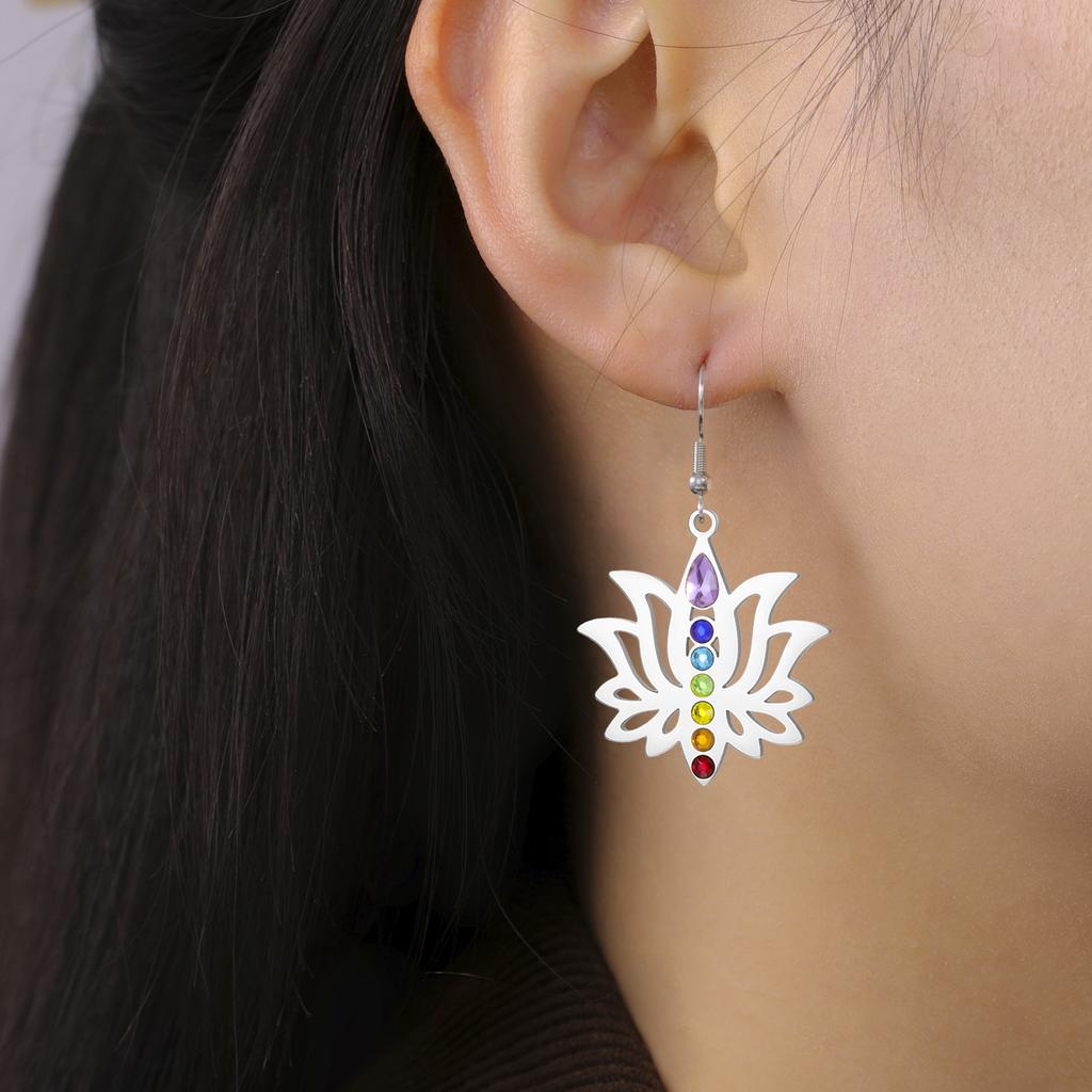 Cazador Lotus Flower Om Symbol Drop Earrings for Women Stainless Steel 7 Chakra Yoga Meditation Jewelry Earrings Amulet Gift
