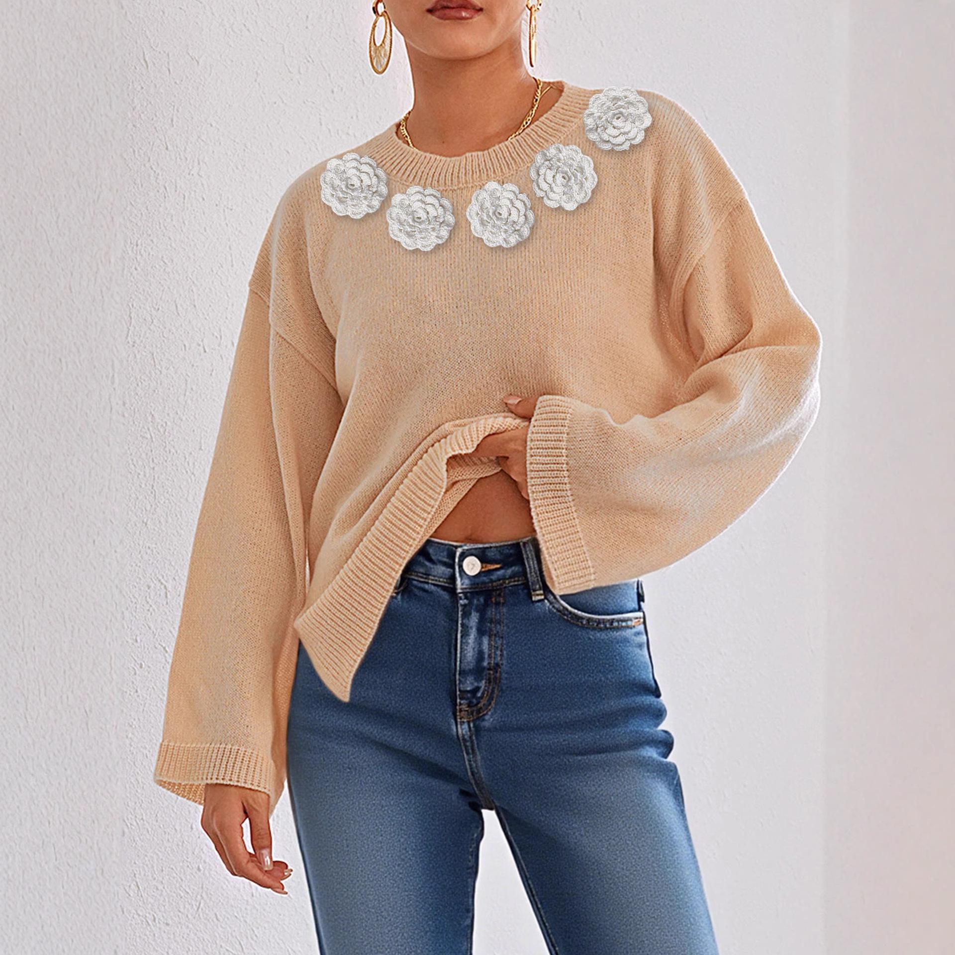 

Вязаный крючком вручную лоскутный топ на осень и зиму, свободный, удобный и повседневный, однотонный, с длинными рукавами, свитер-пуловер с круглым вырезом для женщин XL абрикосовый