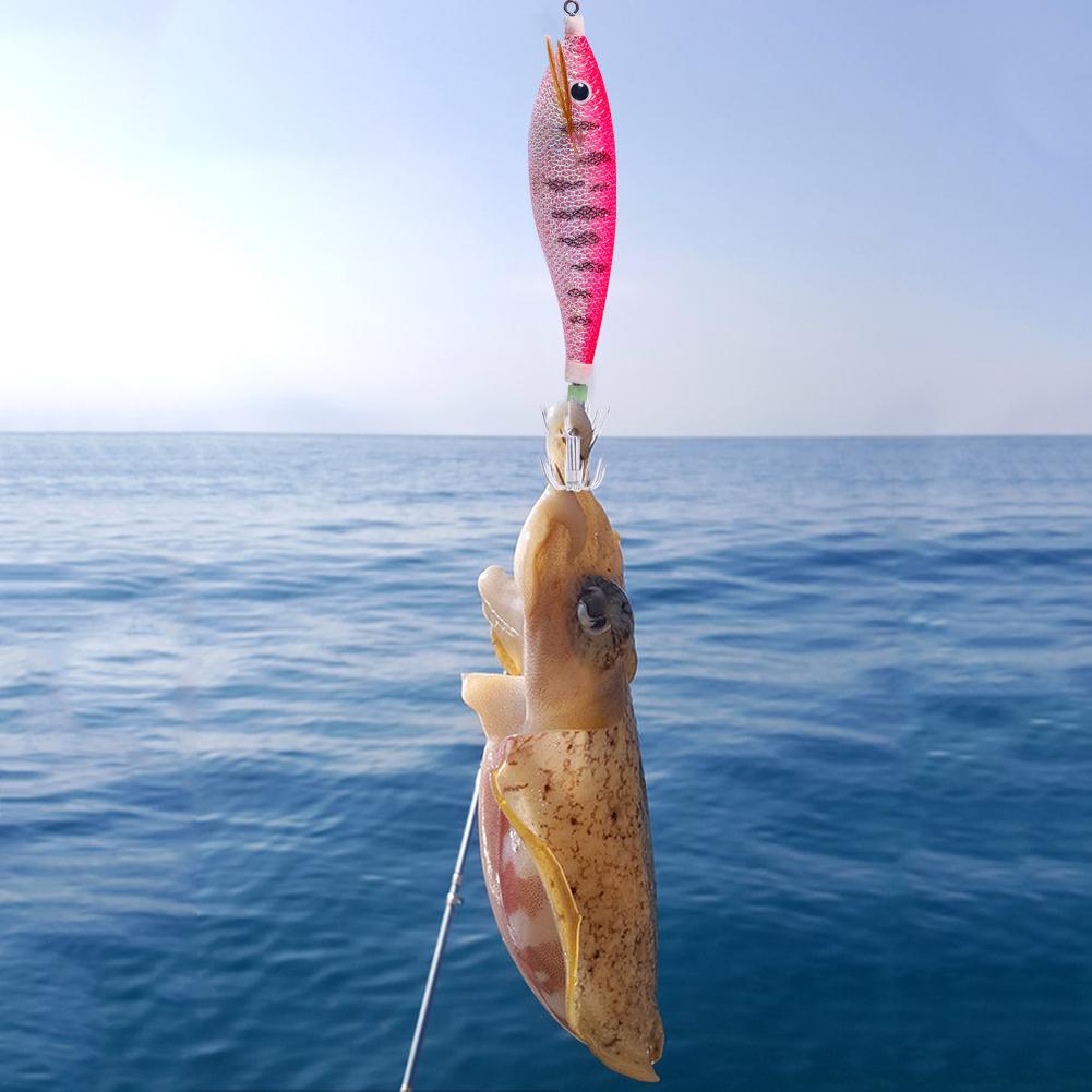 Glowing Horizontal Squid Trolling Lure Floating Luminous Squid Jigging Eging Wood Shrimp Hooks Cuttlefish Bait for Night Fishing
