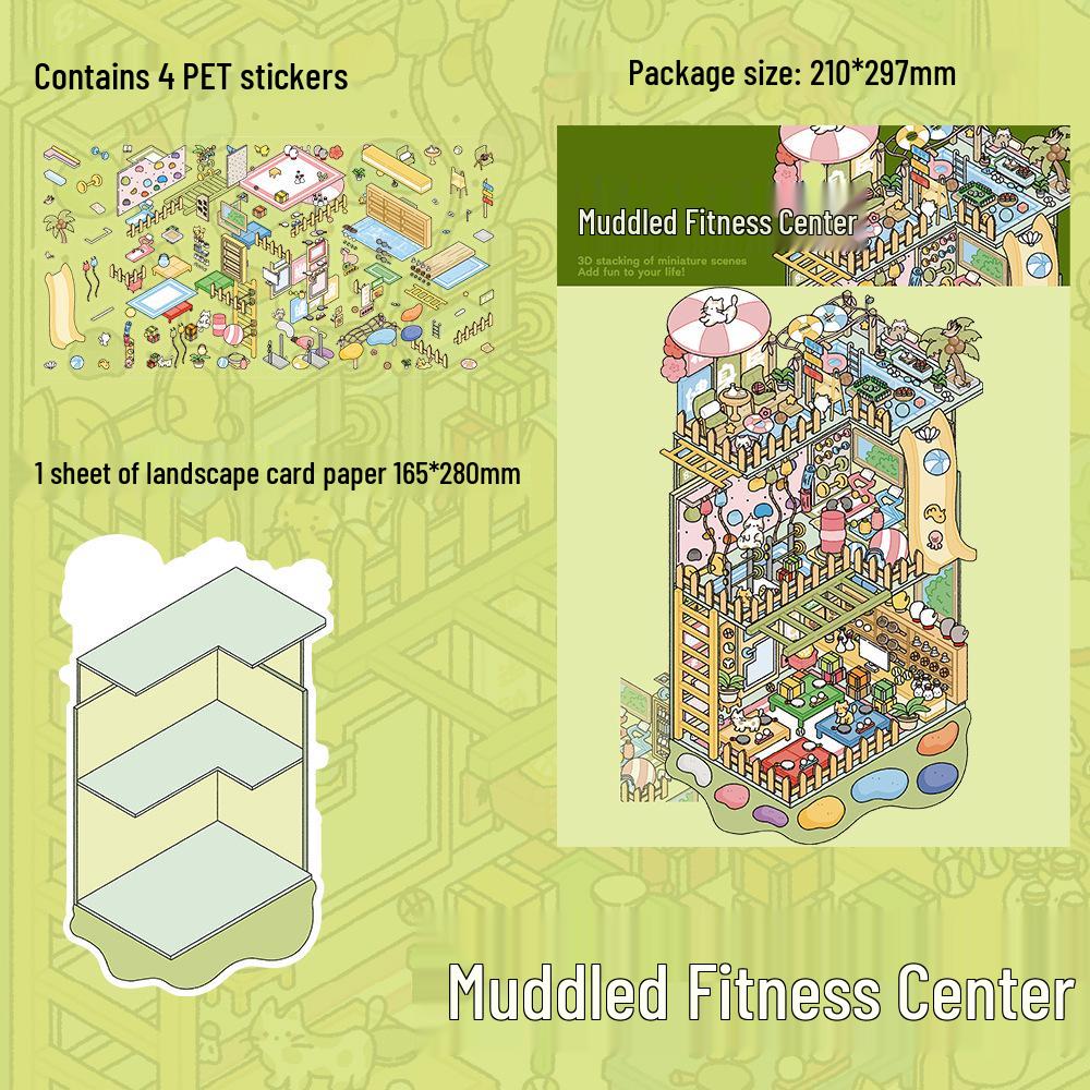 PET Large Format Muddy Gym Scenery Stickers - 4 Sheets for DIY Miniature Fun Scene Collages and Journals