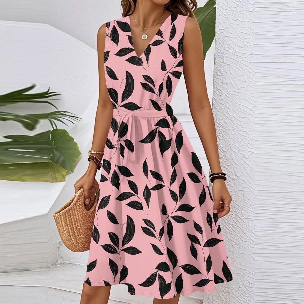 Women's Spring Summer Casual V Neck Sleeveless Waist Floral Print Midi Dress