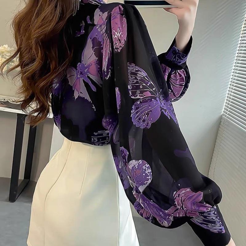 Camicia Viola Chic con Stampa Farfalle Primavera Top alla Moda Lento in Chiffon con Maniche a Lanterna per Donne