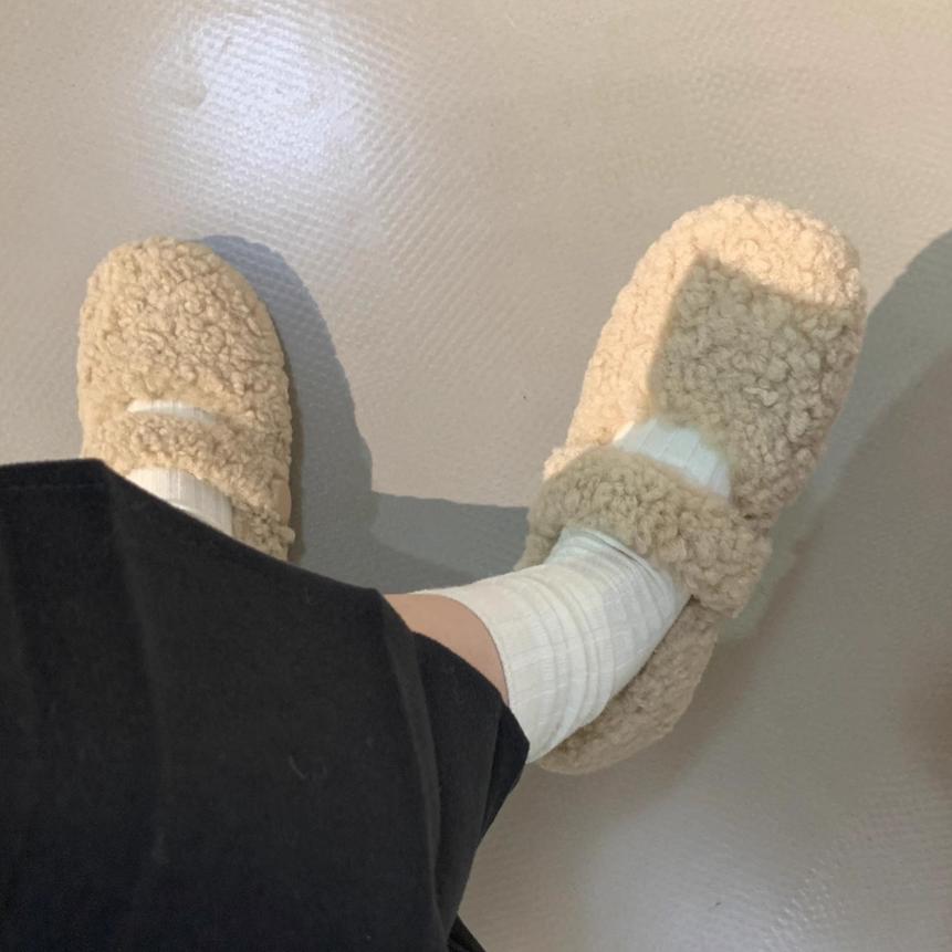 Gentle Fairy Wind Round Head Word with Lamb Wool Shoes Female Autumn and Winter Wear Flat-bottomed Pregnant Women Warm Bean Cotton Shoes