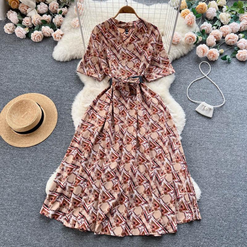 Summer new temperament shirt dress women's print waist over knee pendulum celebrity floral long skirt tide