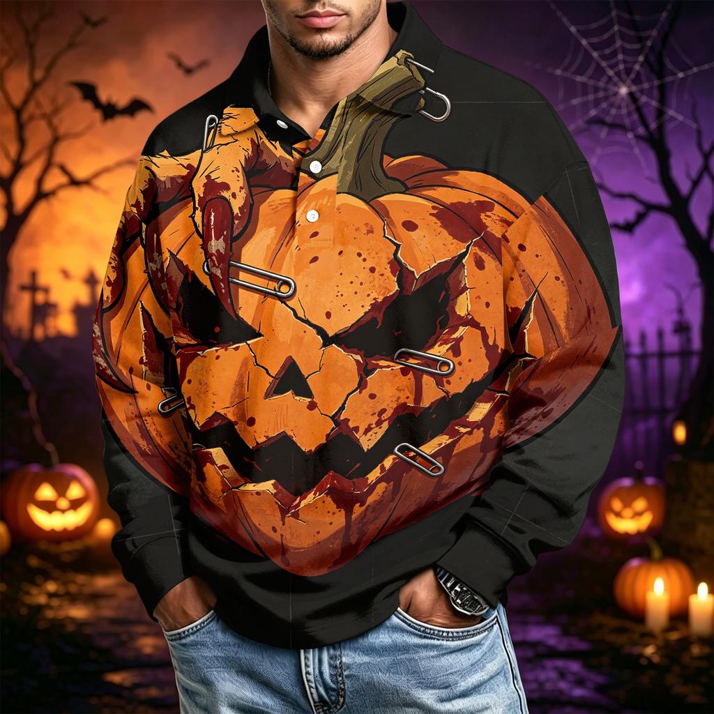 Men's Halloween Printed Long Sleeve Casual Shirt for Festive Occasions