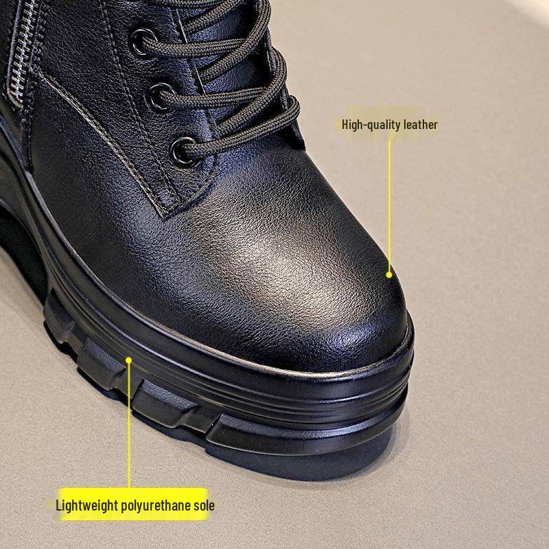 2025 Autumn Women's Genuine Leather Hidden Heel Martin Ankle Boots - Versatile Style with Thick Sole for Petite Sizes.