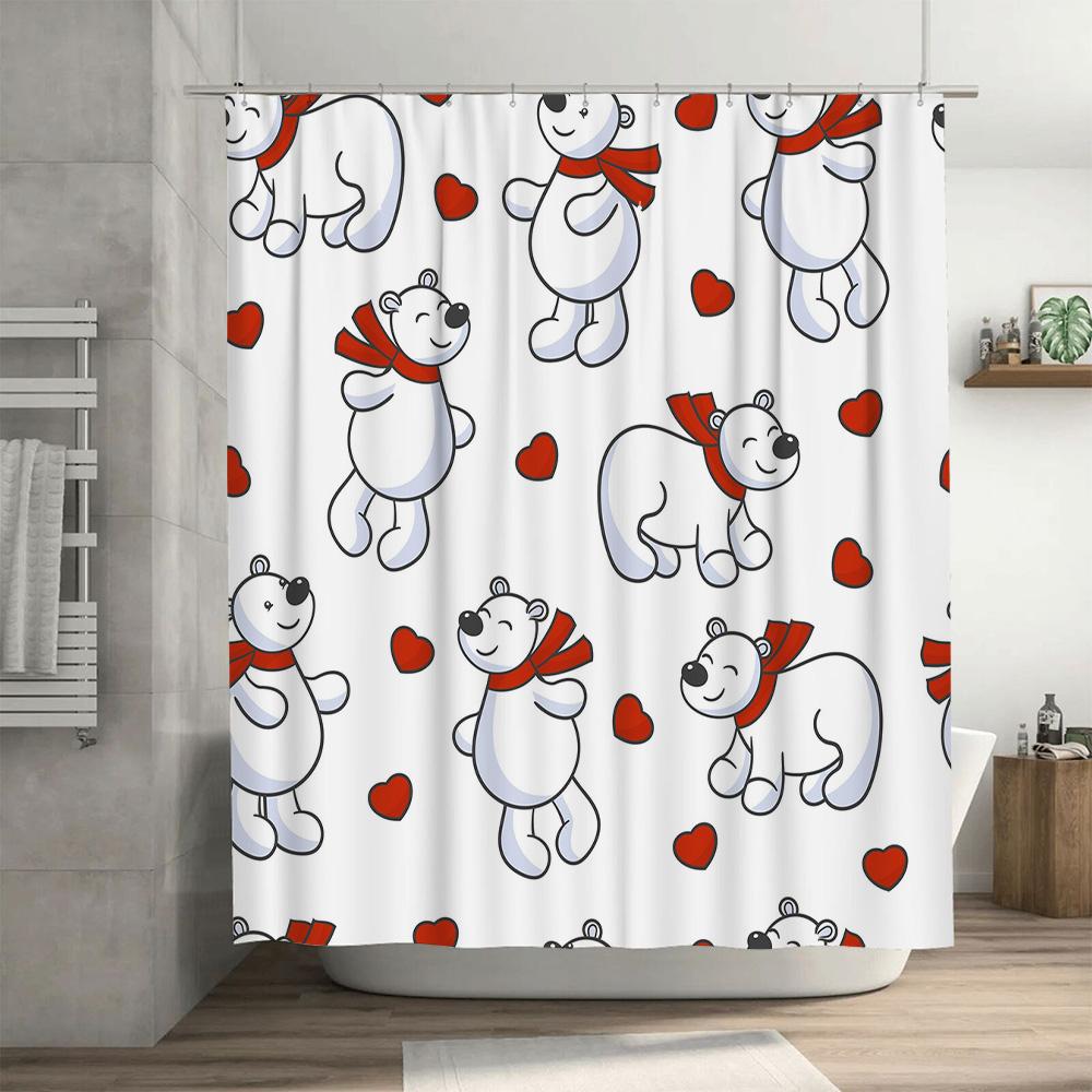Cute Cartoon Animal Print Shower Curtains White Valentine's Day Red Hearts Teddy Bear Pattern Home Decor Bathroom Liner Shower C