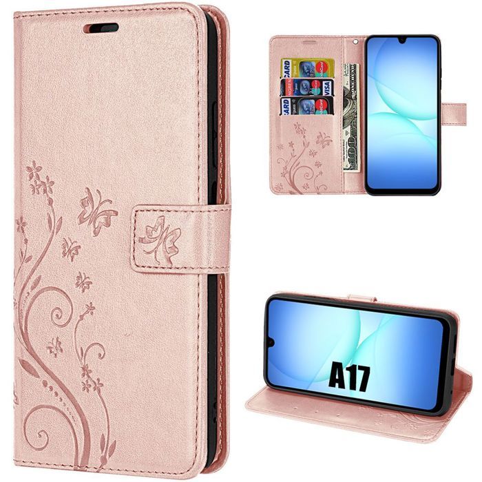 Coque de Protection - BOOLING - Samsung Galaxy A17 4G/5G - Antichoc Synthécuir Relief Floral - Rose