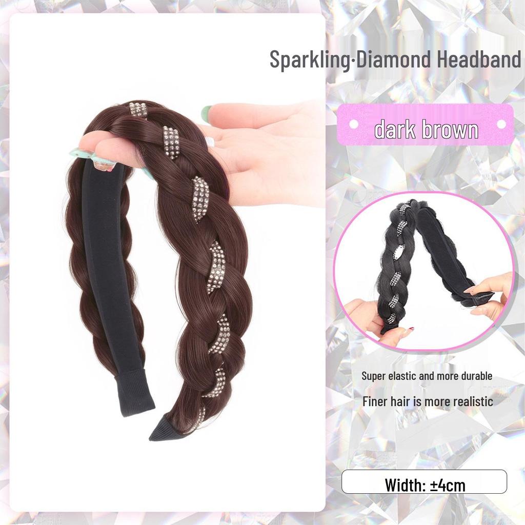 Rhinestone Fishtail Braid Headband Wig for Women's Realistic Hair Volume Increase