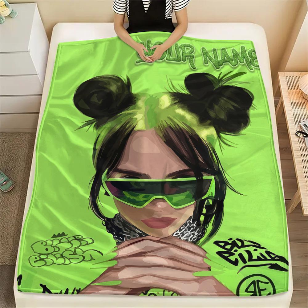 1PC Custom Name Billie Eilish Patterned Flannel Blanket Suitable For All Seasons for Home Decor Warmth and Comfort Gifts Holiday Present -HE32