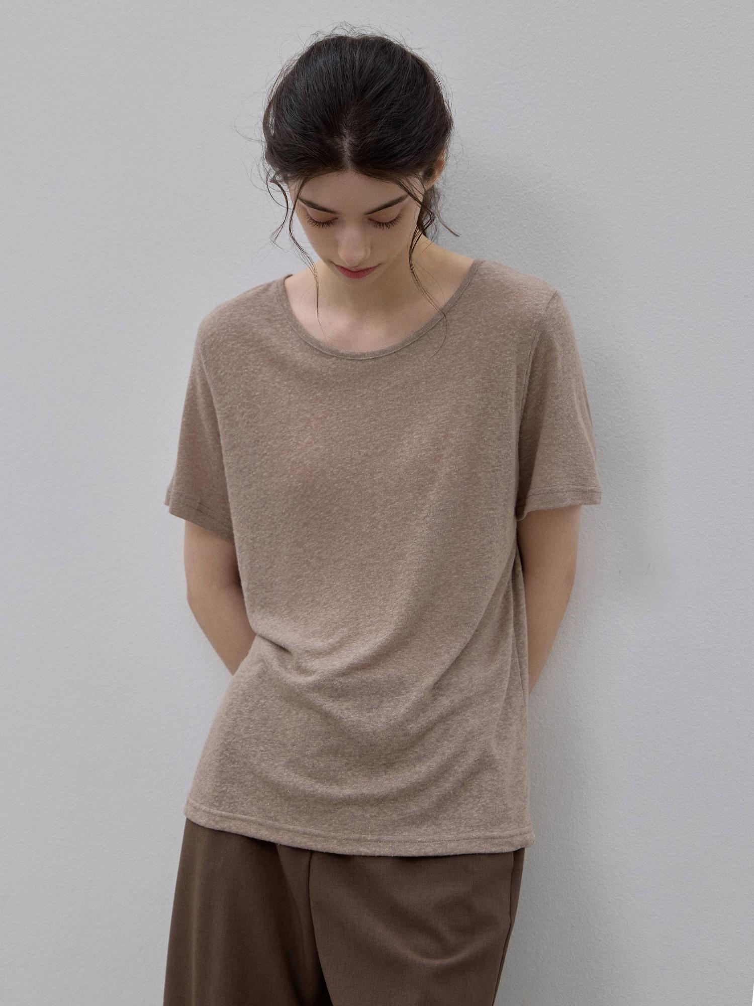 Le Studio Basic Linen T-Shirt Brown Light Beige/Free