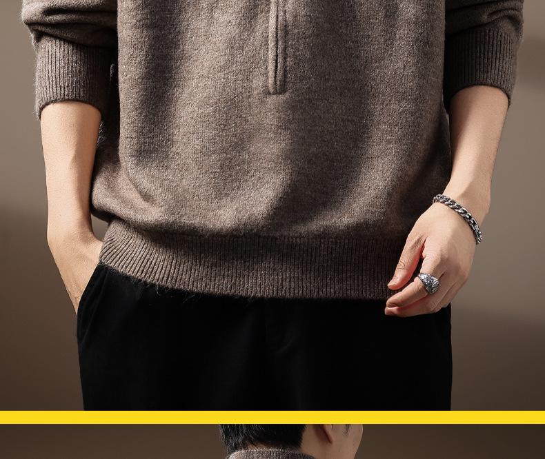 Premium American Style Men's Half-High Collar Knit Sweater - Warm, Anti-Pilling, Plus Size, Long Zipper.