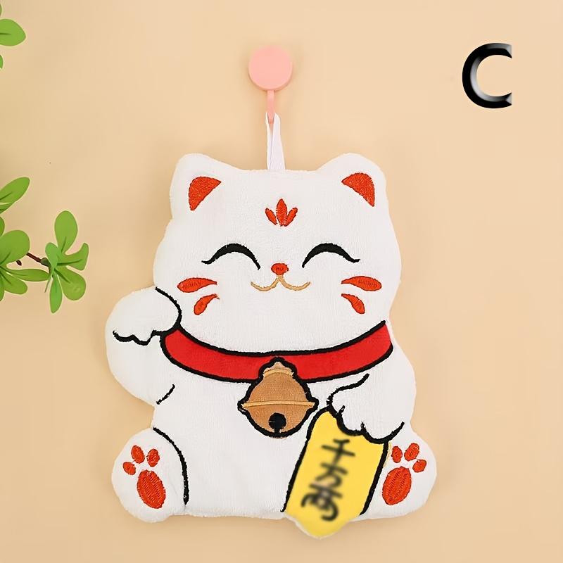 4pcs cute Maneki Neko hanging towels, double-layer thick with cat embroidery for kitchen, bath & living room.