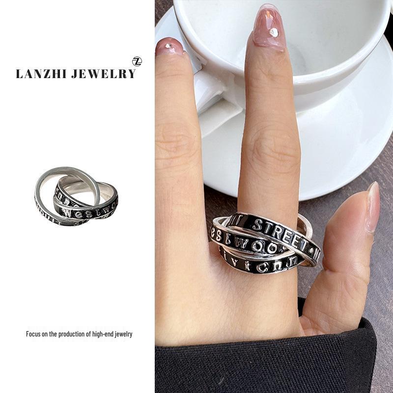 Lan Zhi Gunmetal Planet Three-Ring Enamel Drip Oil Saturn Letter Ring - Women's Luxe 925 Silver.