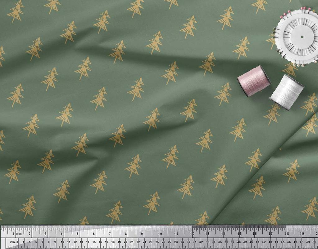 Soimoi Green Japan Crepe Satin Fabric Christmas Tree Print Fabric by Metre 42 Inch