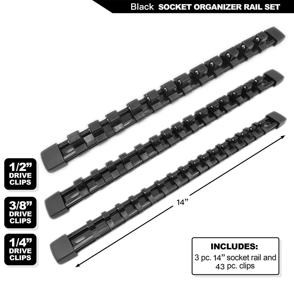 3 PCS Socket Organizer 1/2 3/8 1/4 inch Drive Socket Rail Holders Heavy Duty Socket Racks, Black Rails with Red Blue Black Clips