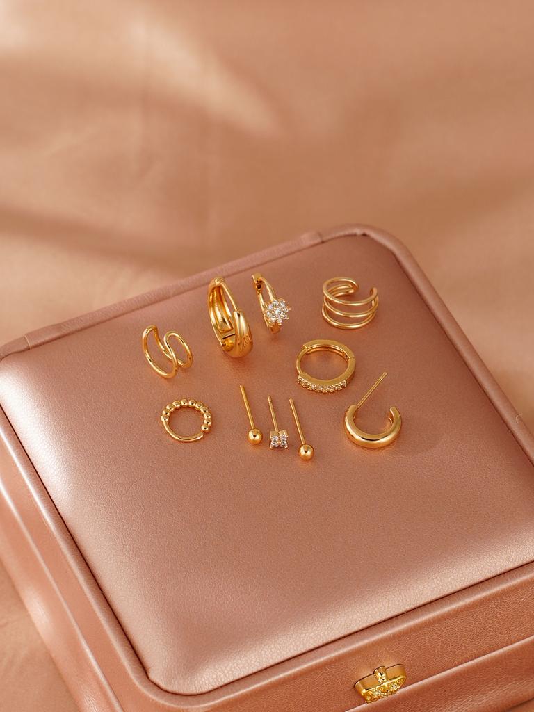 10pcs Retro Fashion Cube Zirconia Clover Star Earclip Hip Hop Women's Earrings Party Ball Jewelry