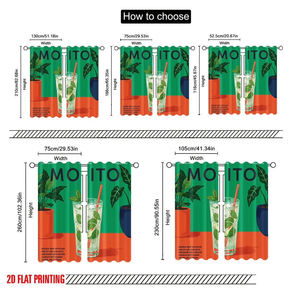 2pcs 2D Flat Printing Party Window Curtains Mojito Summer Drink Green Polyester Without Electricity Birthday Party for Home