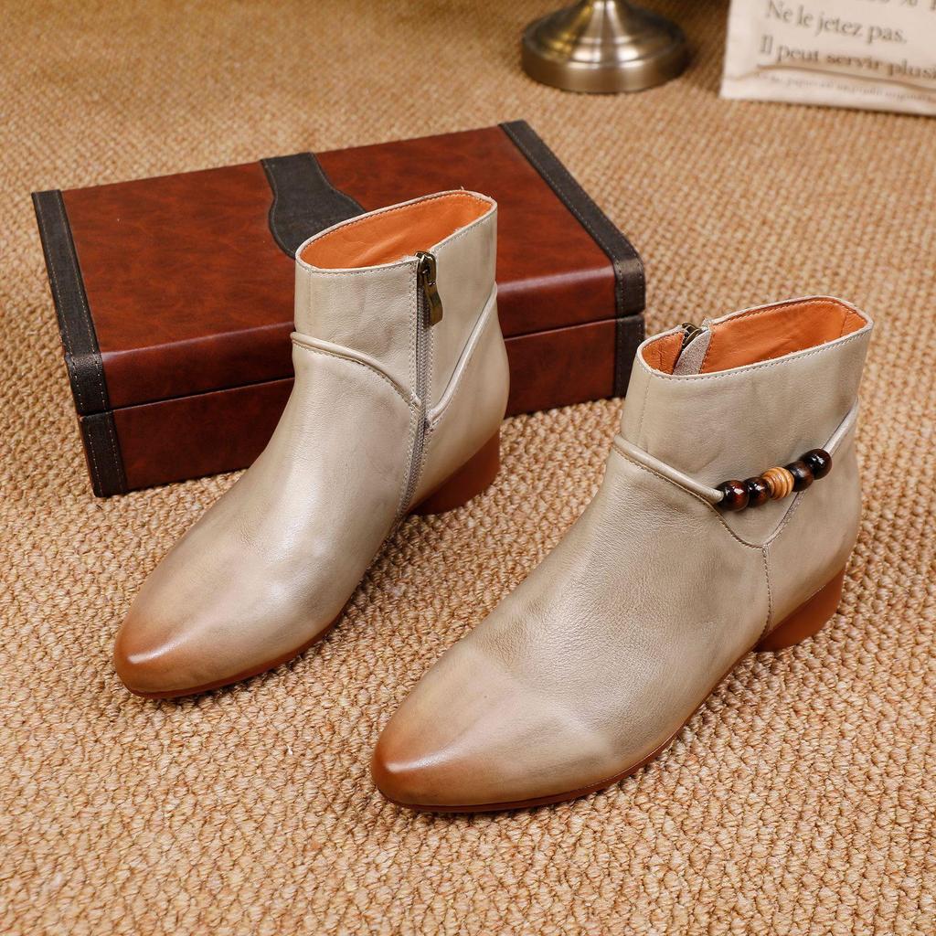 Women's 2025 Retro Low-Heel Pointed Toe Ankle Boots: High-Quality Full Leather Inside & Out, Autumn/Winter Fashion.