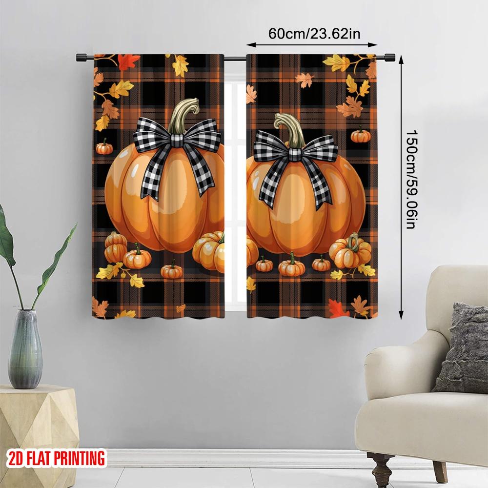 2D Flat Printing 2pcs Festive Autumn Thanksgiving Scene Curtains Fall Pumpkins Plaid Bow Maple Leaves Polyester Without