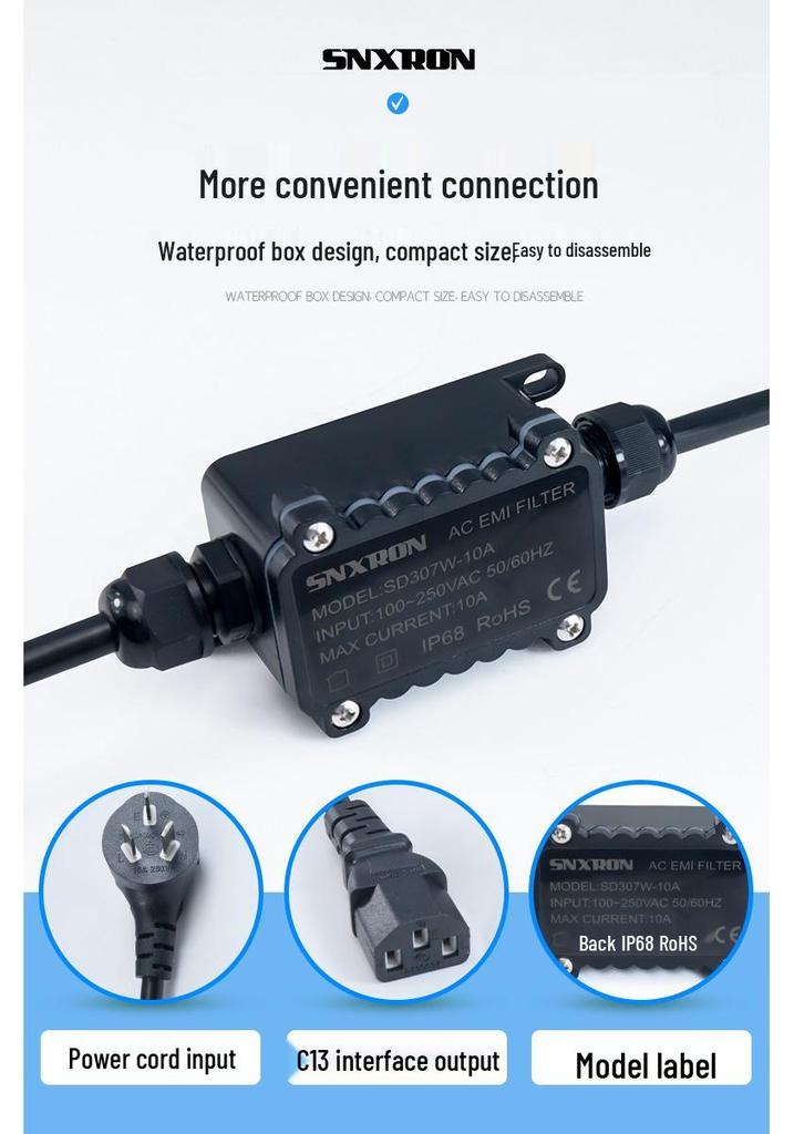 EMI 220V Single Phase 10A Power Cable with C13 Interface & Anti-interference Filter for HIFI Audio