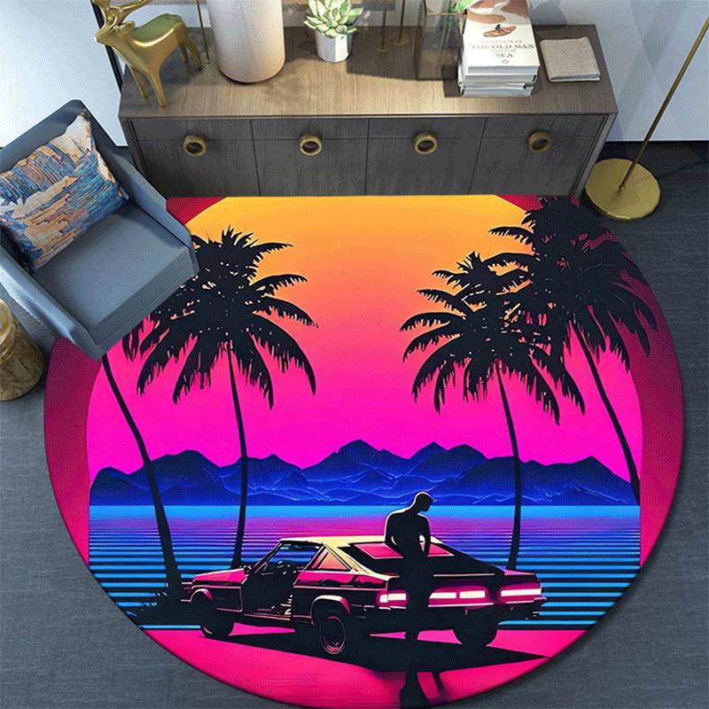 1pc Soft, Absorbent & Non Slip Sunset and car Round Rug Soft Circle Rug for Living Room & Bedroom Decor, Chair Mats, and Unforgettable Home