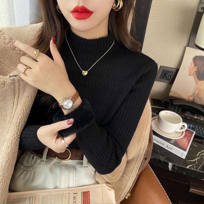 Semi-turtleneck velvet warm inner knitted sweater women's autumn and winter new simple slim long-sleeved versatile integrated velvet base