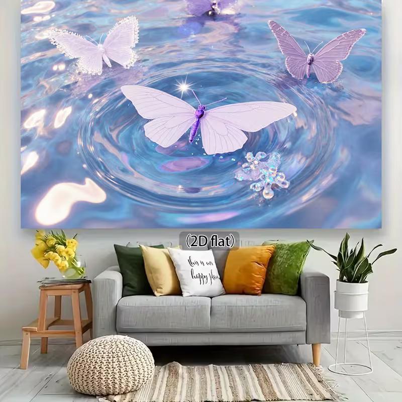 2D Magical Water Ripple Backdrop with Purple and White Butterflies for Aesthetic Room Decor