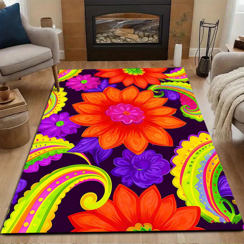 Vibrant Floral Paisley Design Patterned Carpet, Non Slip Mat Suitable for Living Room and Bedroom Sofas
