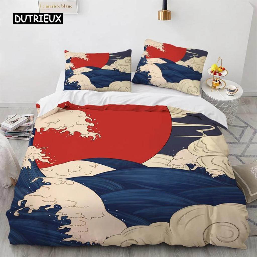 Wave Duvet Cover Set Hokusai Pattern Japanese Ukiyoe Quilt Cover Oriental Sketch Style Ocean Queen Twin Polyester Bedding Set