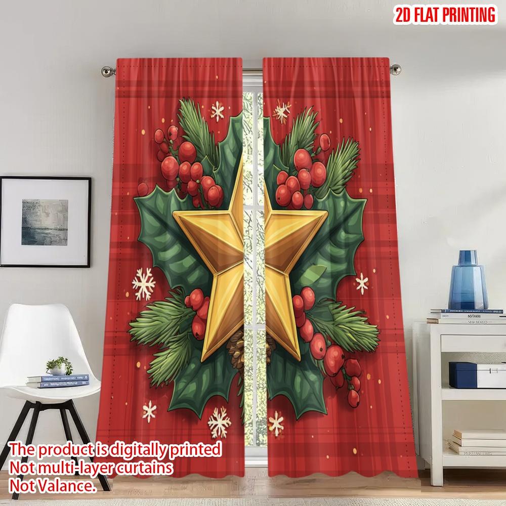 

Set Of 2 Flat Printing Christmas Curtains Star Holly Berries Digital Printed Polyester Drapes Party Decorations Use Curtain Made W100*H70(CM)-Grommet top&1PCS