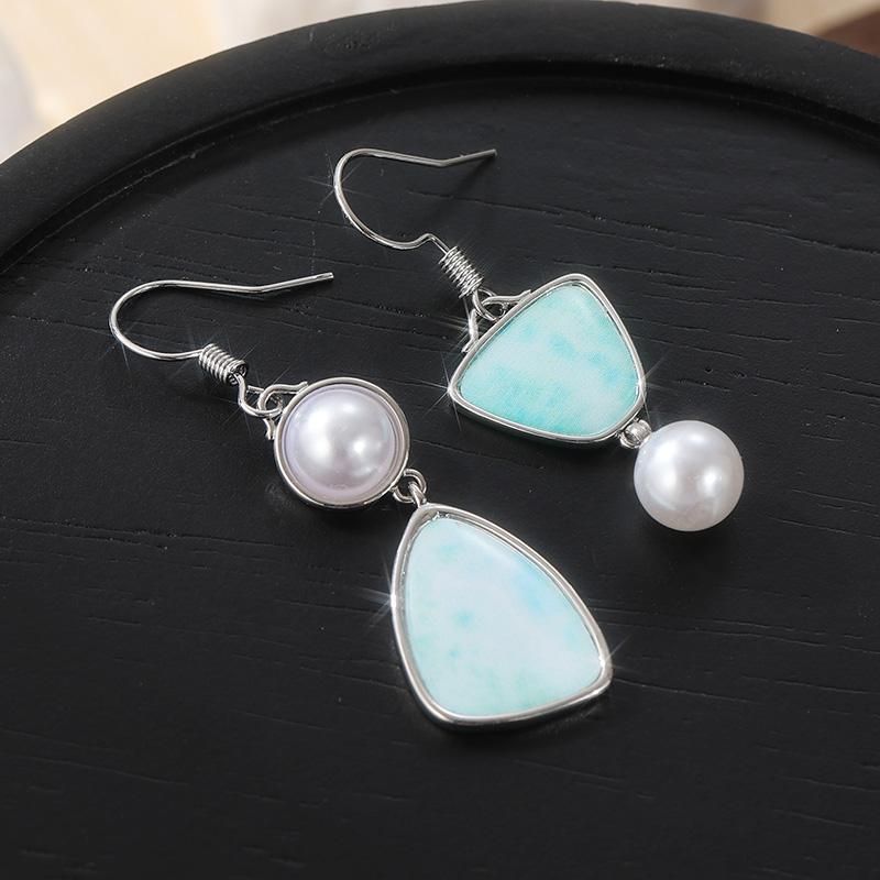 Ethnic Round Inlaid Imitation Pearls Women's Earrings Vintage Silver Color Paste Light Blue Pattern Dangle Earrings Woman