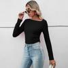 Spring Autumn Fashion Long Sleeve T-shirt Women Semi-open Collar Slim Short Temperament T-shirt Solid Color Sexy Top