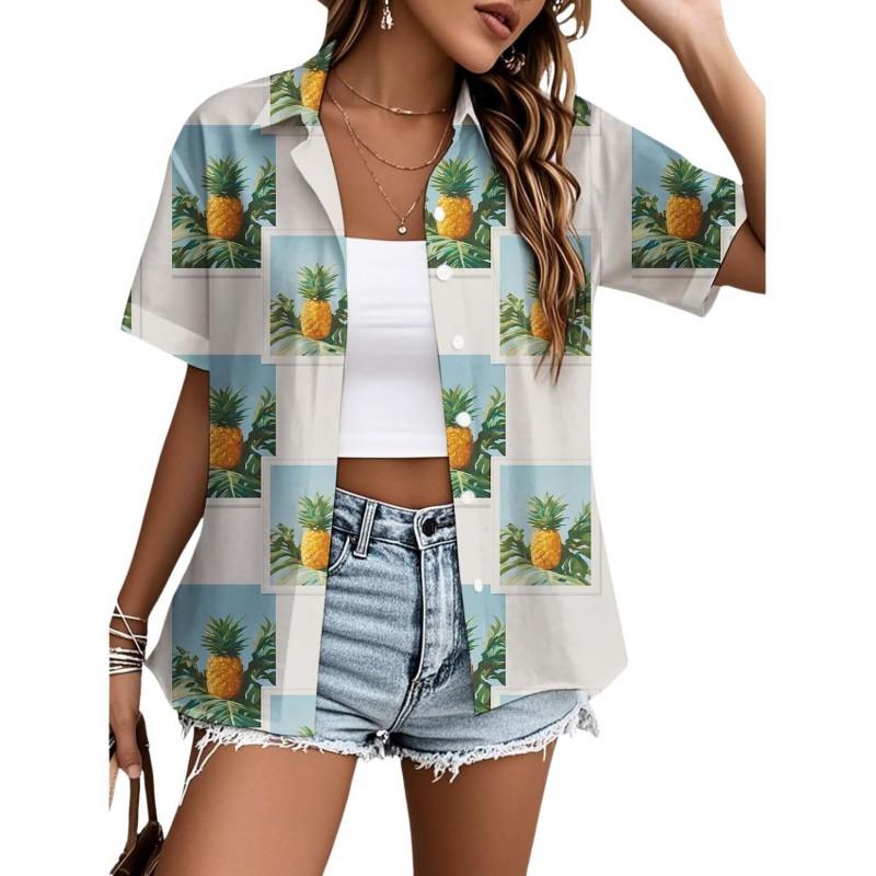 Womens Loose Fit Short Sleeve Printed Shirt Casual Vacation Style Collared Open Front Top