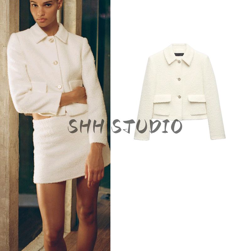 Spring New Women clothes Graceful Bead Leather Woolen Simple Modern Fashion Lapel Short coat 2133104