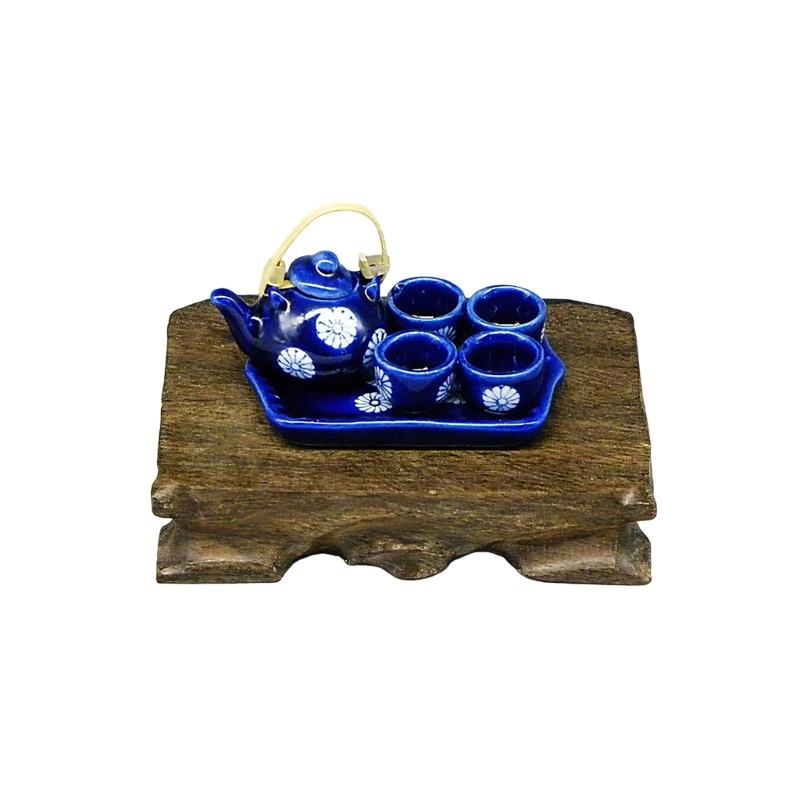 

Miniature Teaware Set Model For Children And Collectors With Blue White Porcelain Teapot Cup Tray Doll House Furniture