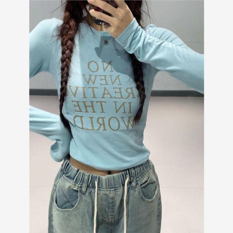 

Blue Letter Print Long-Sleeve T-Shirt for Women, Winter Base Shirt, Niche Style, Slim Fit, Short and Unique Top Blue S