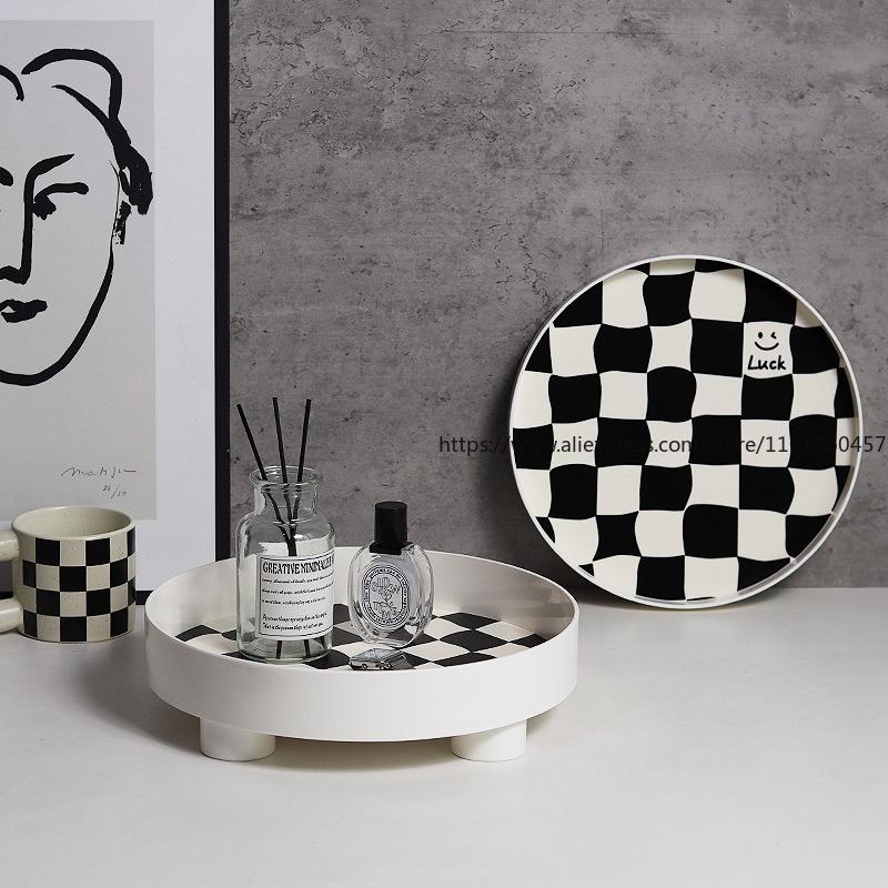 Nordic-Style Checkerboard Storage Fruit Plate Cup Perfume Jewelry Sundries Desktop Decoration Tray