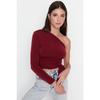 Claret Red Slim Tie Detailed Single Sleeve Crop Stretchy Knitted Blouse Twoaw23bz00094