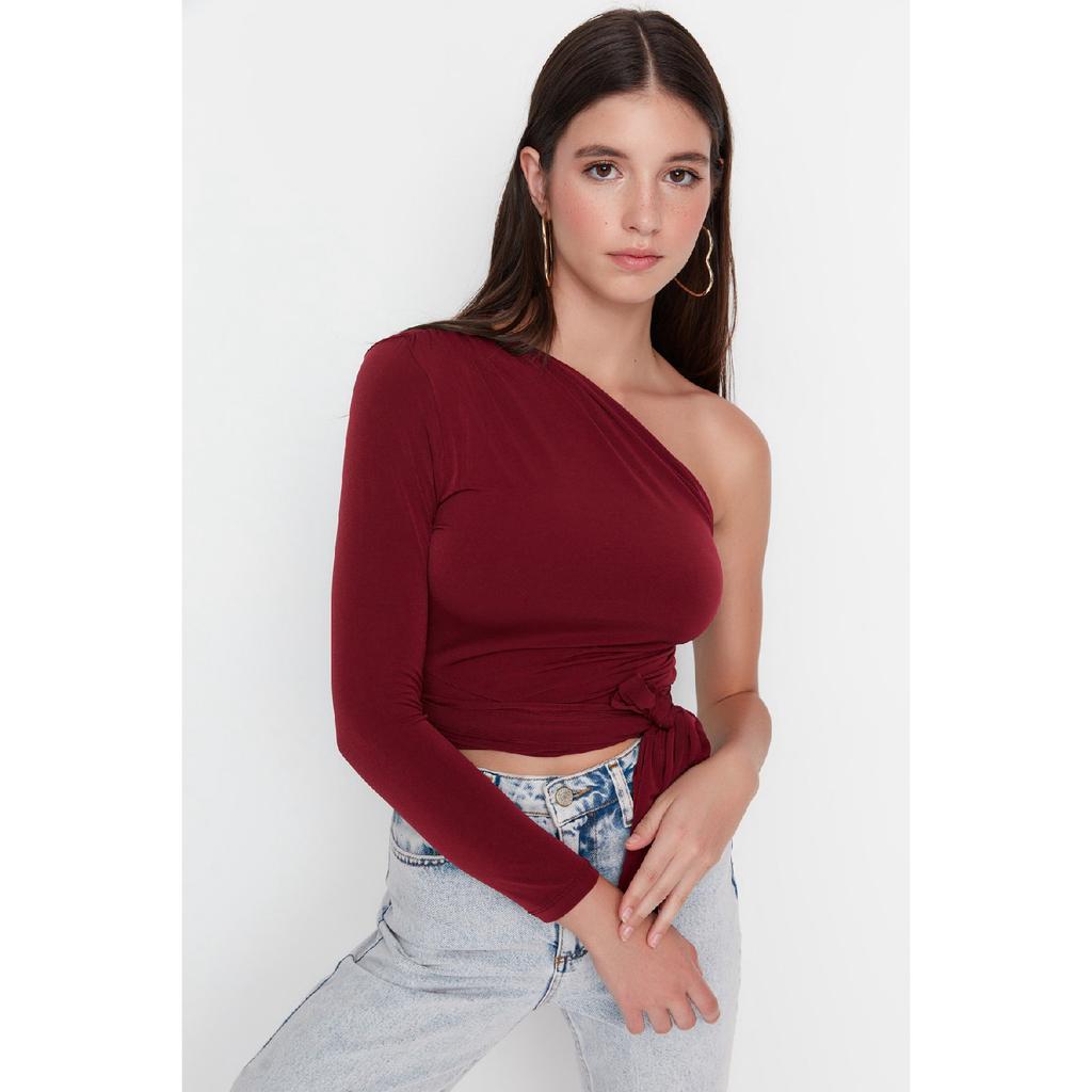 Claret Red Slim Tie Detailed Single Sleeve Crop Stretchy Knitted Blouse Twoaw23bz00094