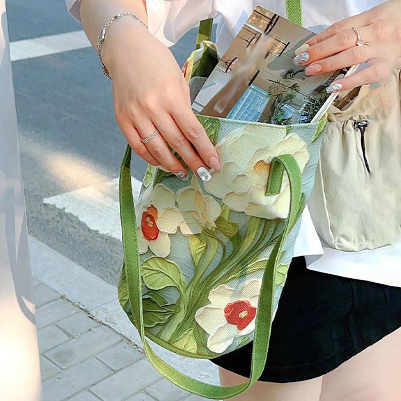 Nová velkokapacitní taška Bucket Bag, módní crossbody taška, ležérní, všestranná úložná taška přes rameno, akvarelový květinový vzor, ​​denní dojíždění, plátěná taška